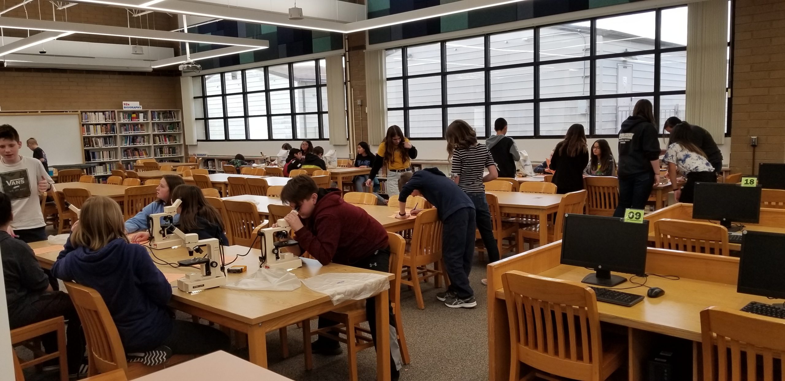 Students engaged in a hands-on lesson at the tables in the Library Media Center.