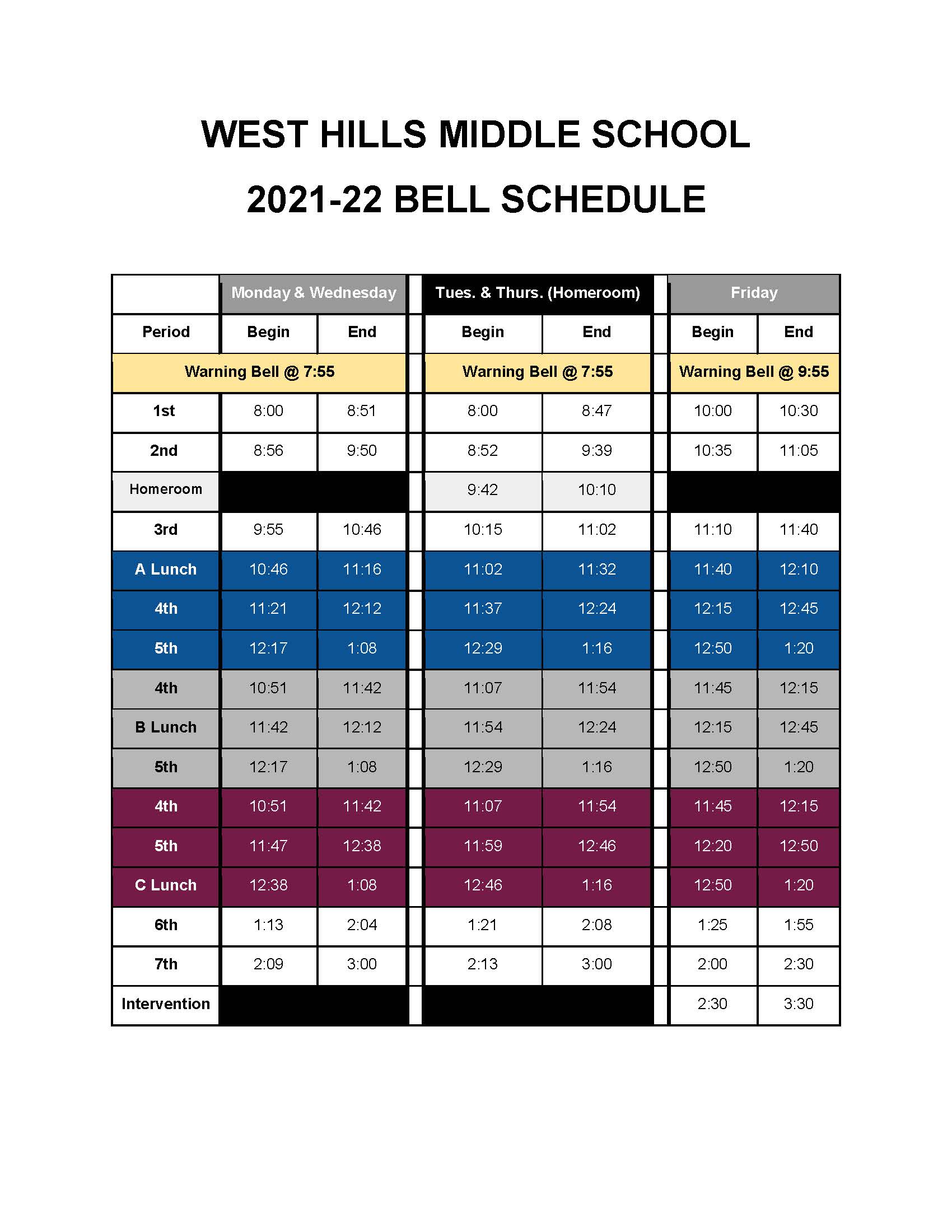 West Hills Middle School Regular Bell Schedule