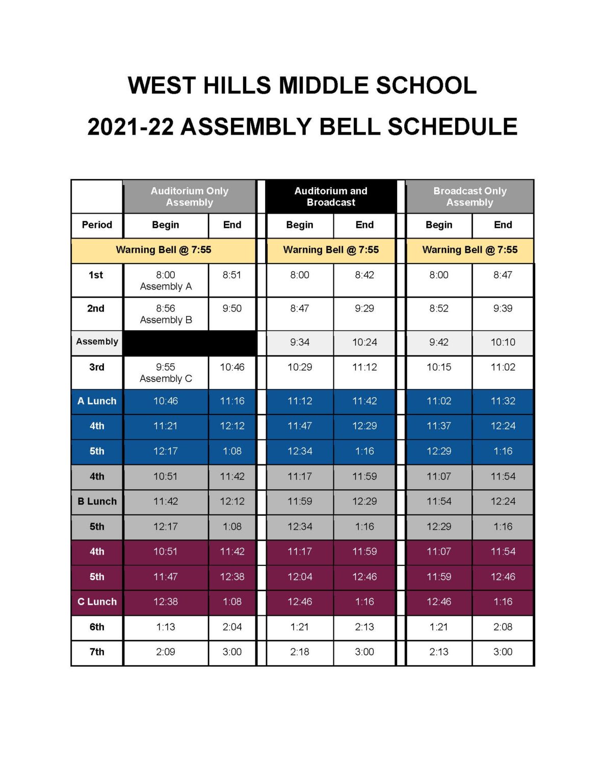 Bell Schedules West Hills Middle