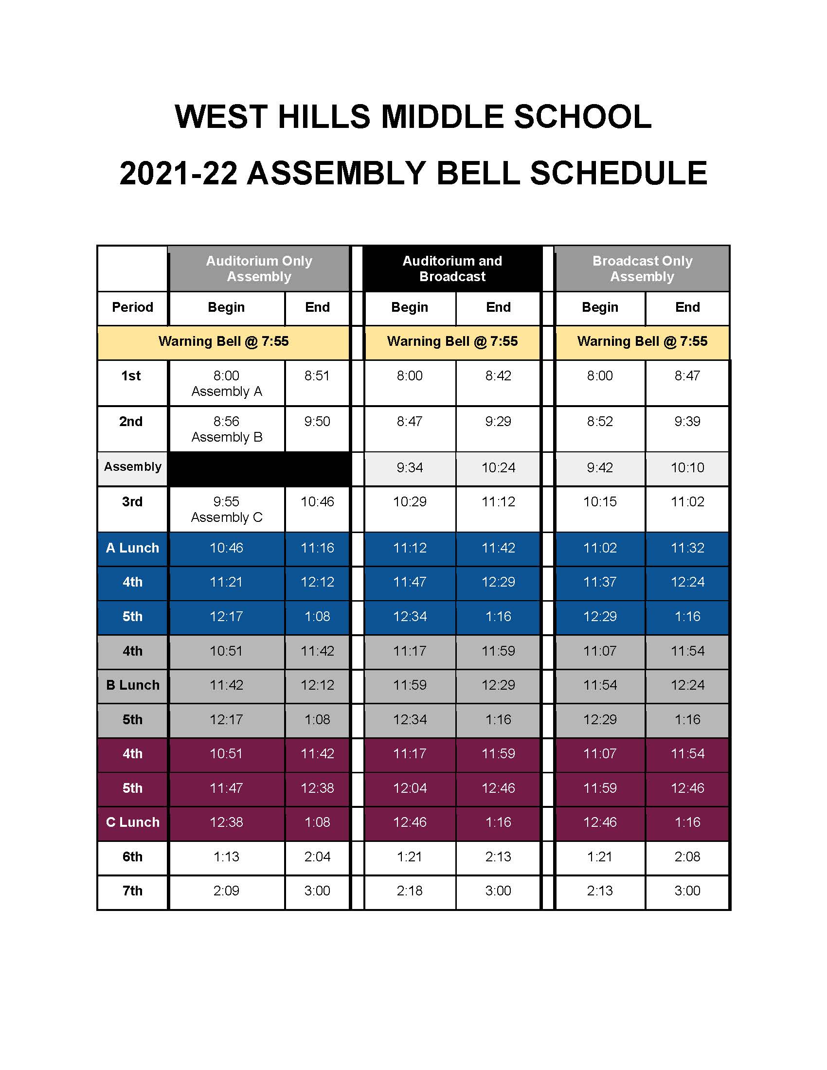 West Hills Middle School Assembly Bell Schedule