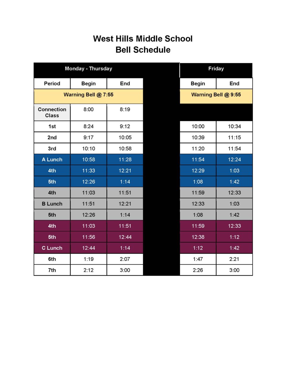 Bell Schedules West Hills Middle