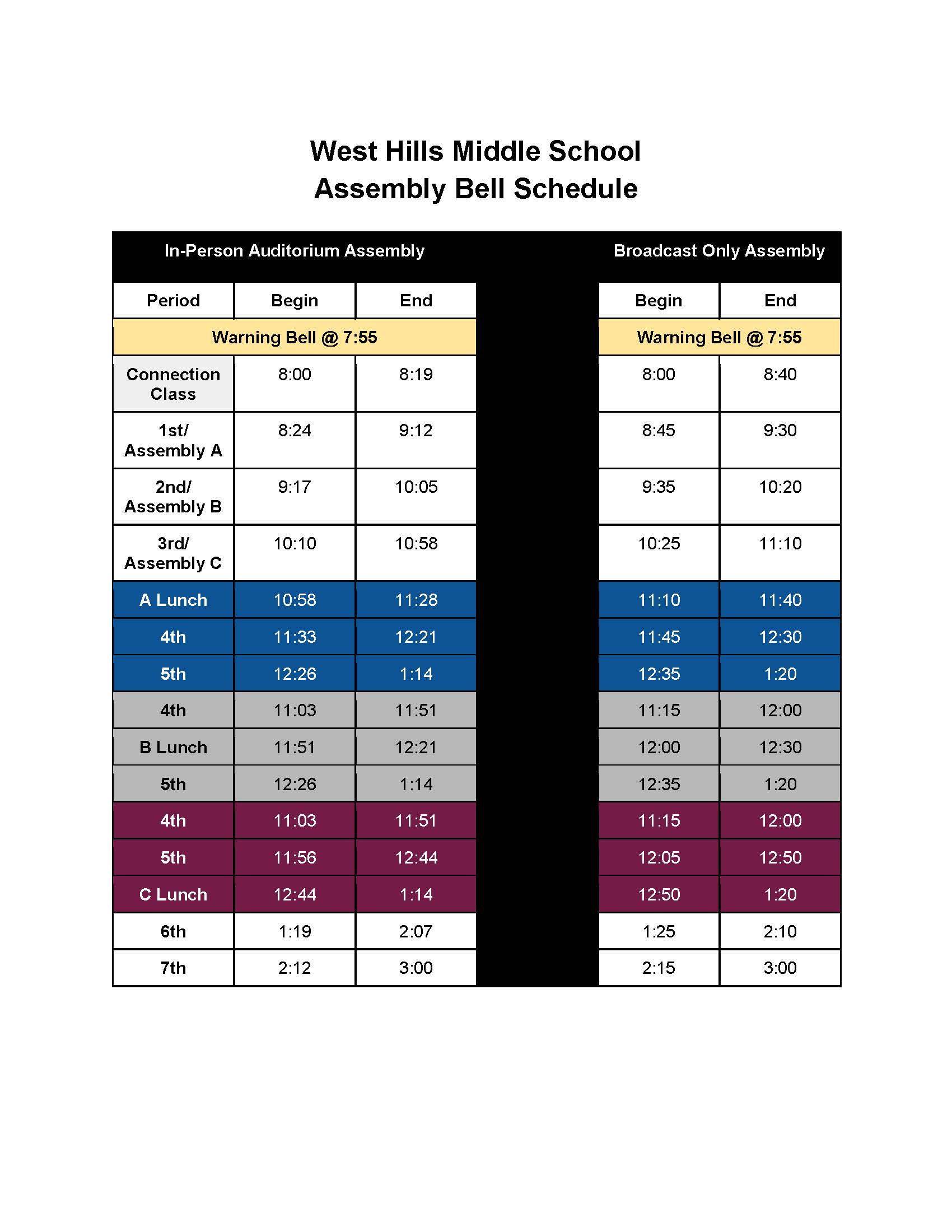 Bell Schedules West Hills Middle