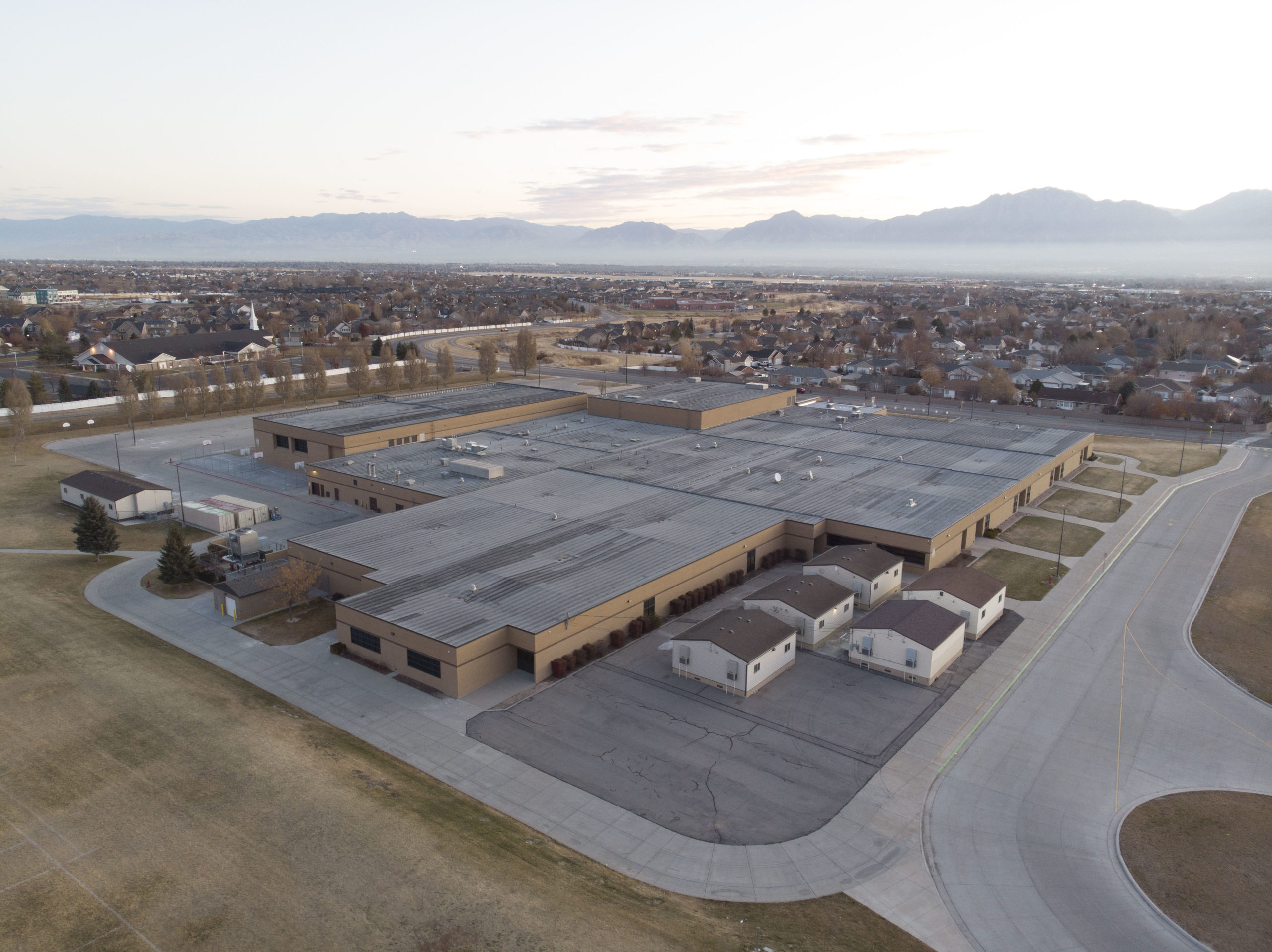 An arial view of West Hills Middle School from the back looking toward the Wasatch Mountains.