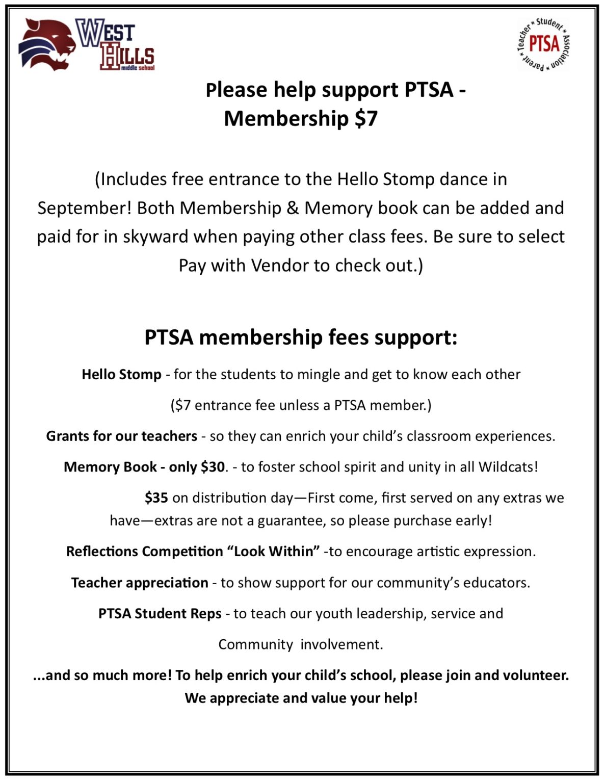 PTSA Membership Flyer – West Hills Middle